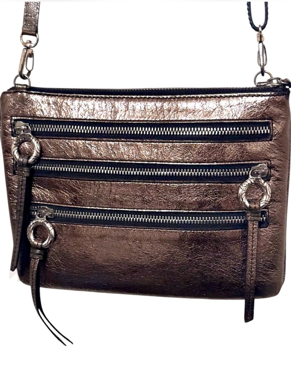 Brighton Y2K 00’s Metallic Bronze/Black Crinkled Leather Zip It Crossbody Bag